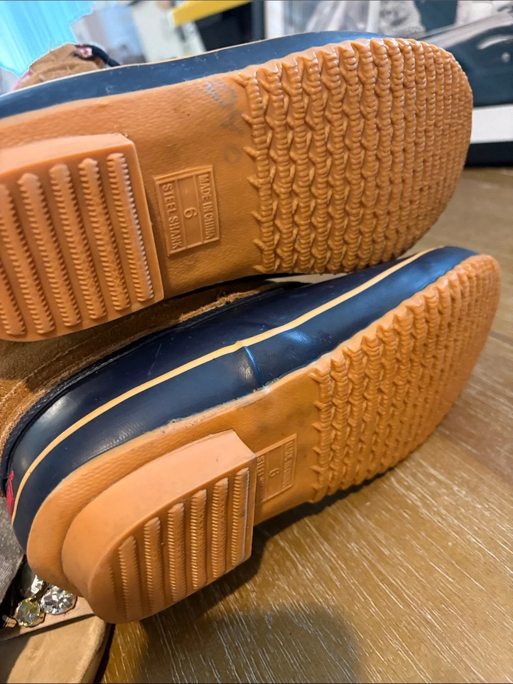 Khombu Tan and Navy Waterproof Winter Duck Boots with Red Knit Collar